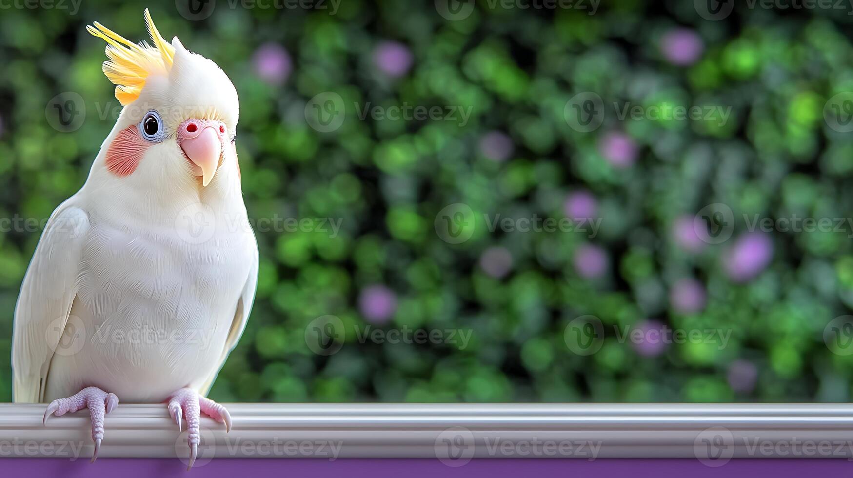A charming cockatiel perched on a railing with a vibrant green and purple floral background photo