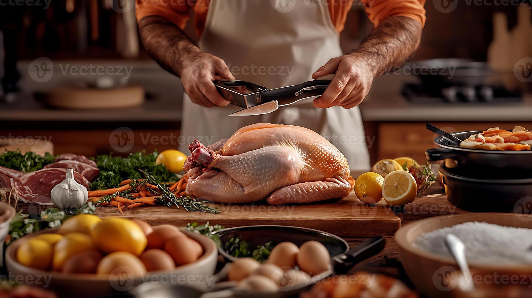 A chef skillfully preparing a turkey on a wooden table surrounded by fresh ingredients in a cozy kitchen photo