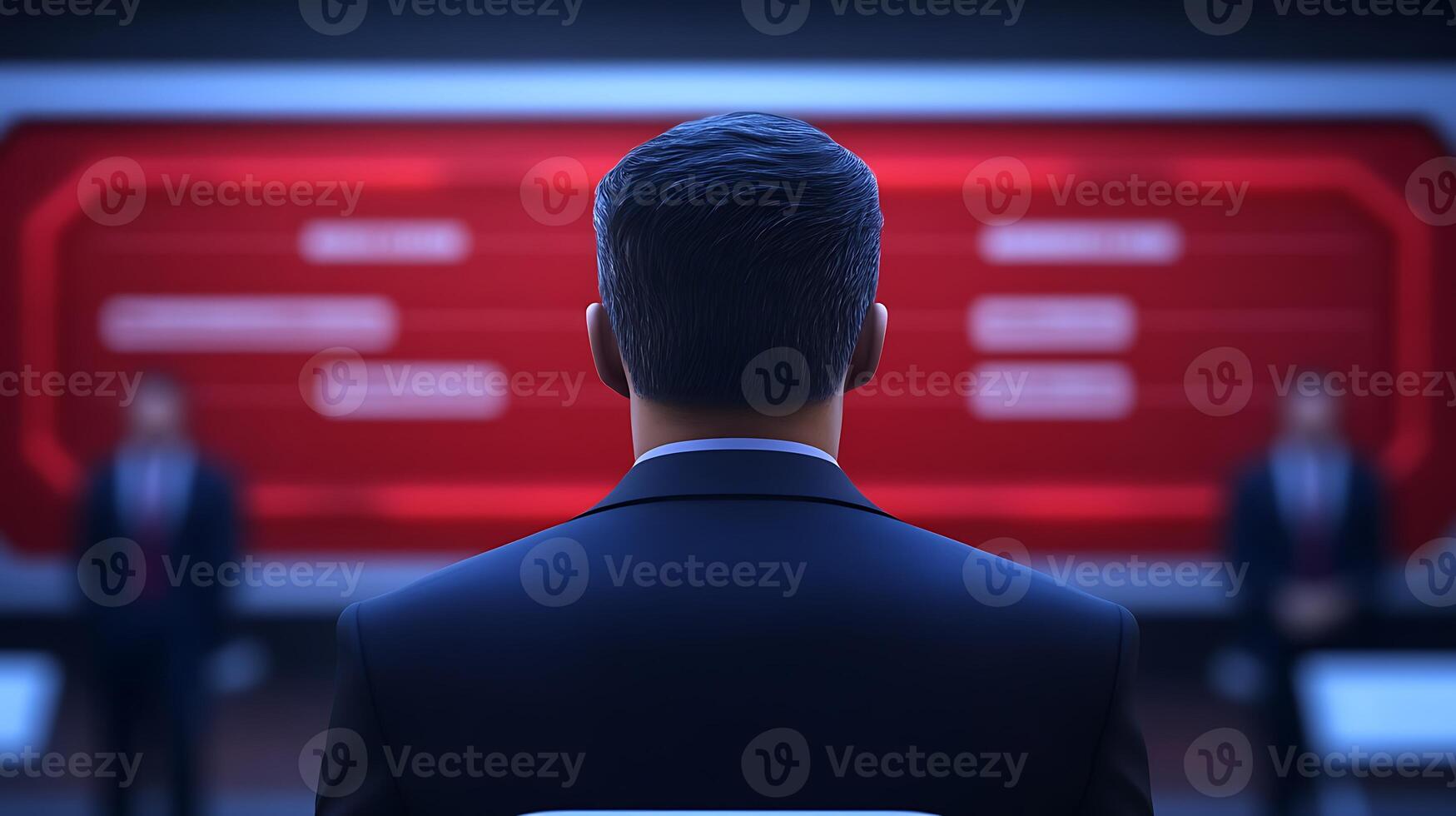 A businessman observes a high-tech presentation in a modern conference room with red screens photo