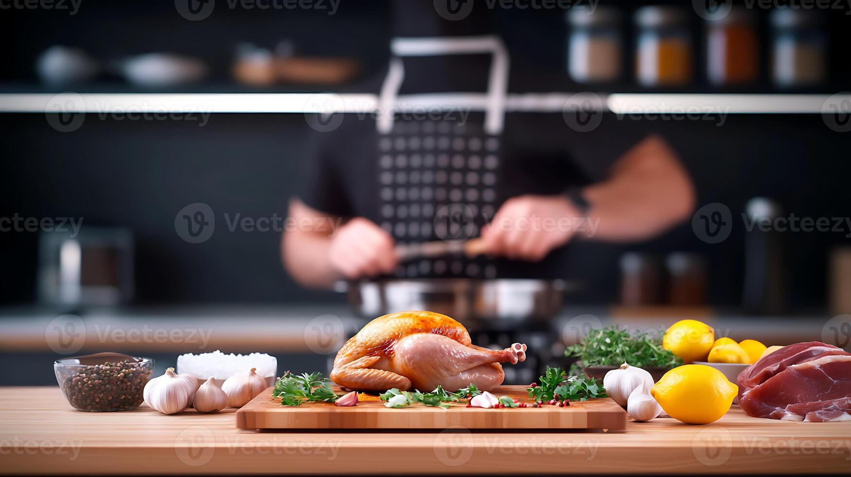 A chef prepares a roasted chicken with fresh herbs and vegetables in a modern kitchen setting photo