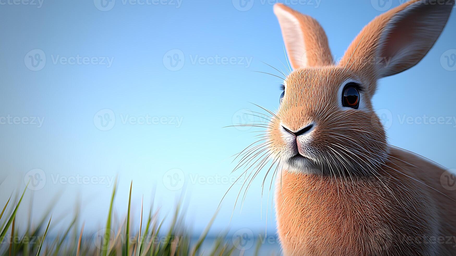 A close-up of a curious rabbit in a grassy field under a clear blue sky, evoking tranquility photo