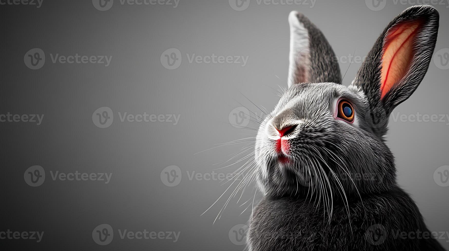 A close-up of a curious gray rabbit with striking blue eyes against a neutral background photo
