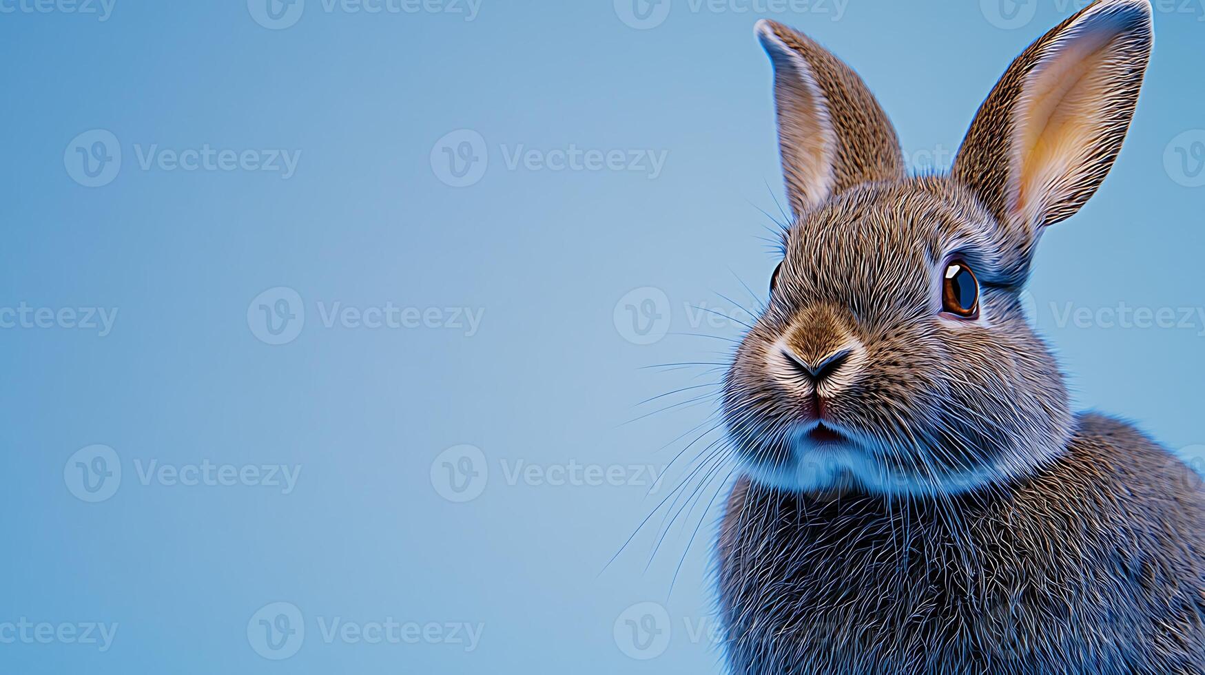 A close-up of a curious rabbit against a soft blue background, highlighting its expressive features photo