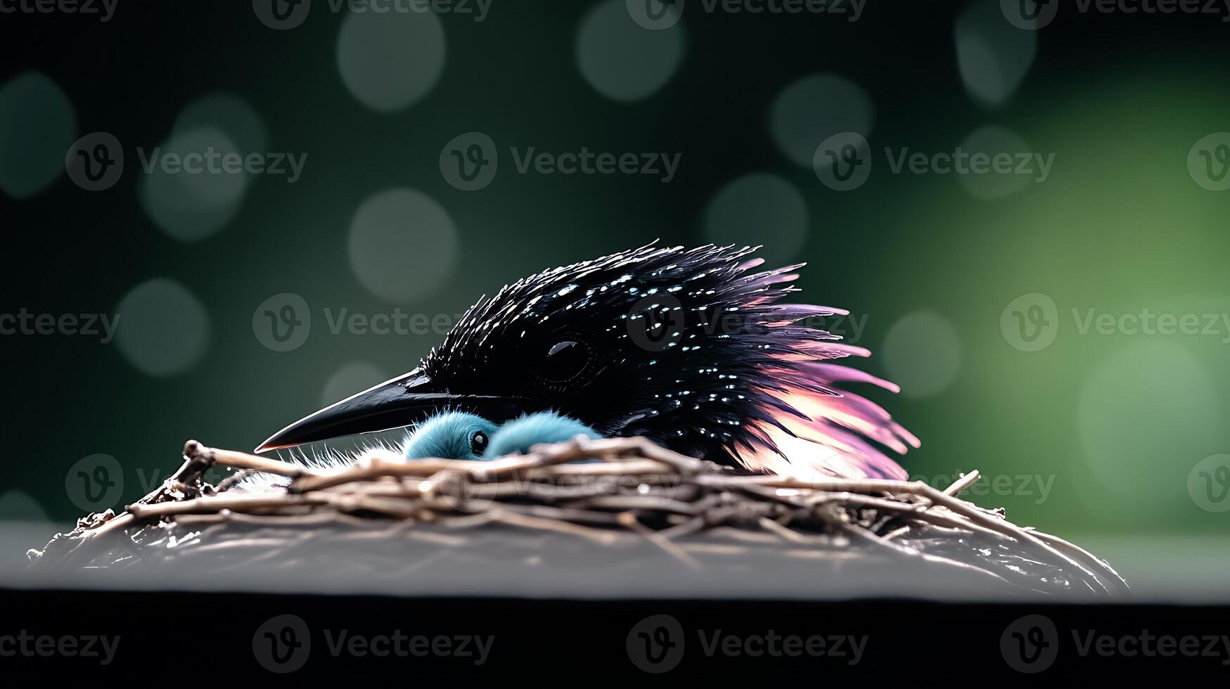 A close-up of a colorful bird sitting protectively in a nest with two blue chicks, surrounded by a blurred green background photo