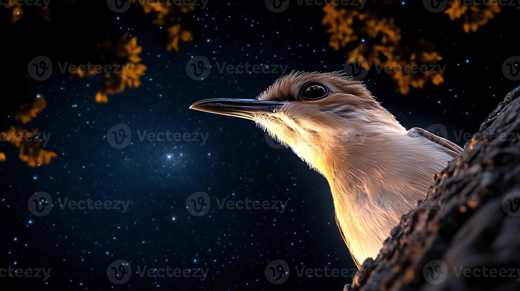 A close-up of a bird gazing upward under a starry night sky, surrounded by tree branches photo