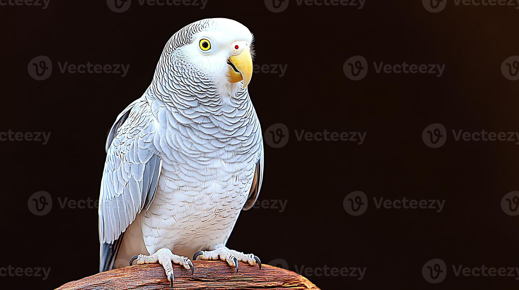 A close-up of a beautiful parakeet perched on a branch against a dark background, showcasing its vibrant colors photo