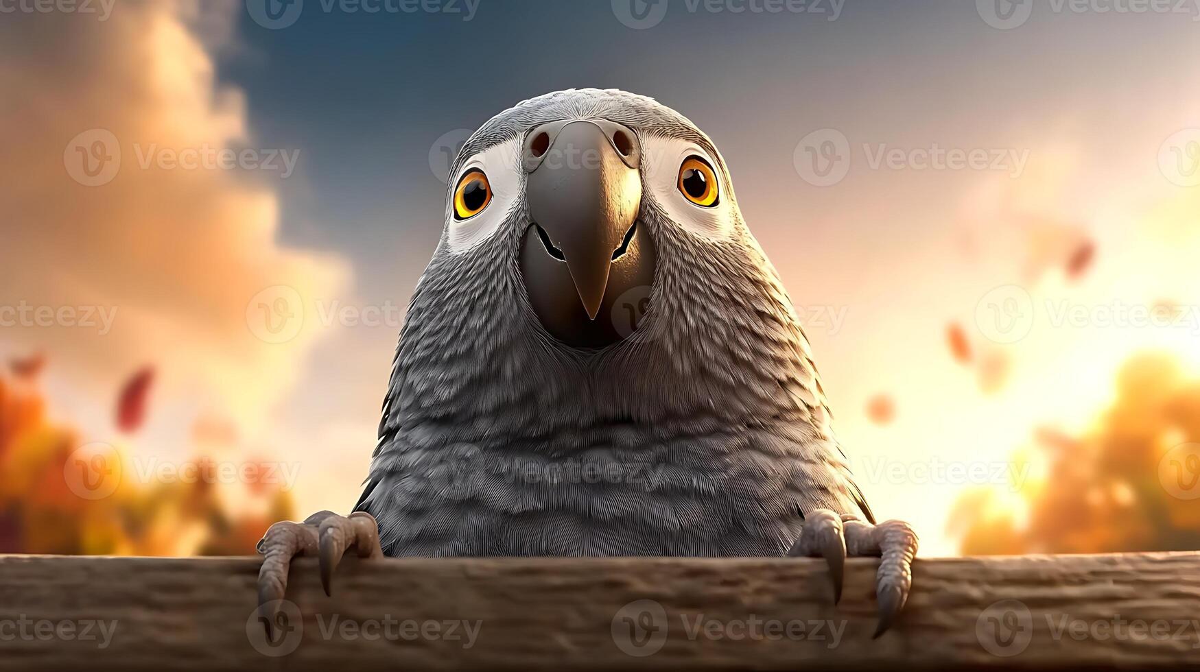 A close-up of a curious parrot perched on a fence, surrounded by a vibrant autumn landscape photo