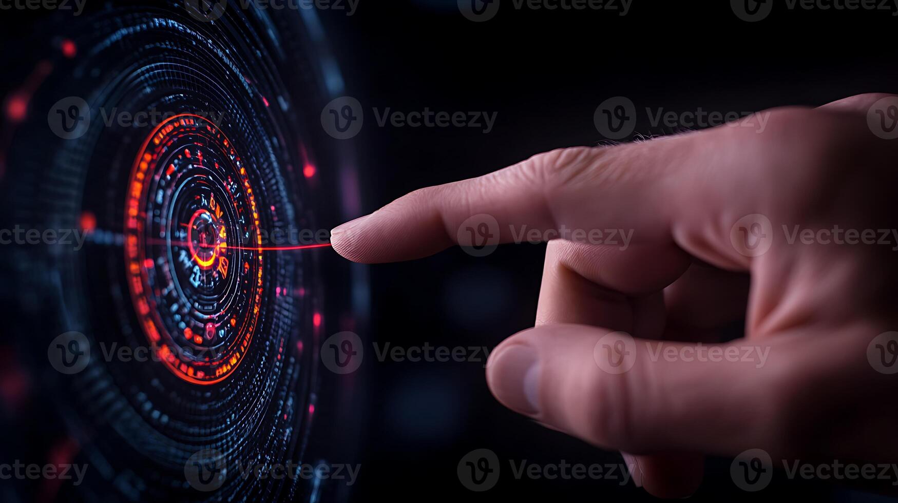 A close-up of a human hand reaching towards a glowing digital interface with vibrant patterns photo
