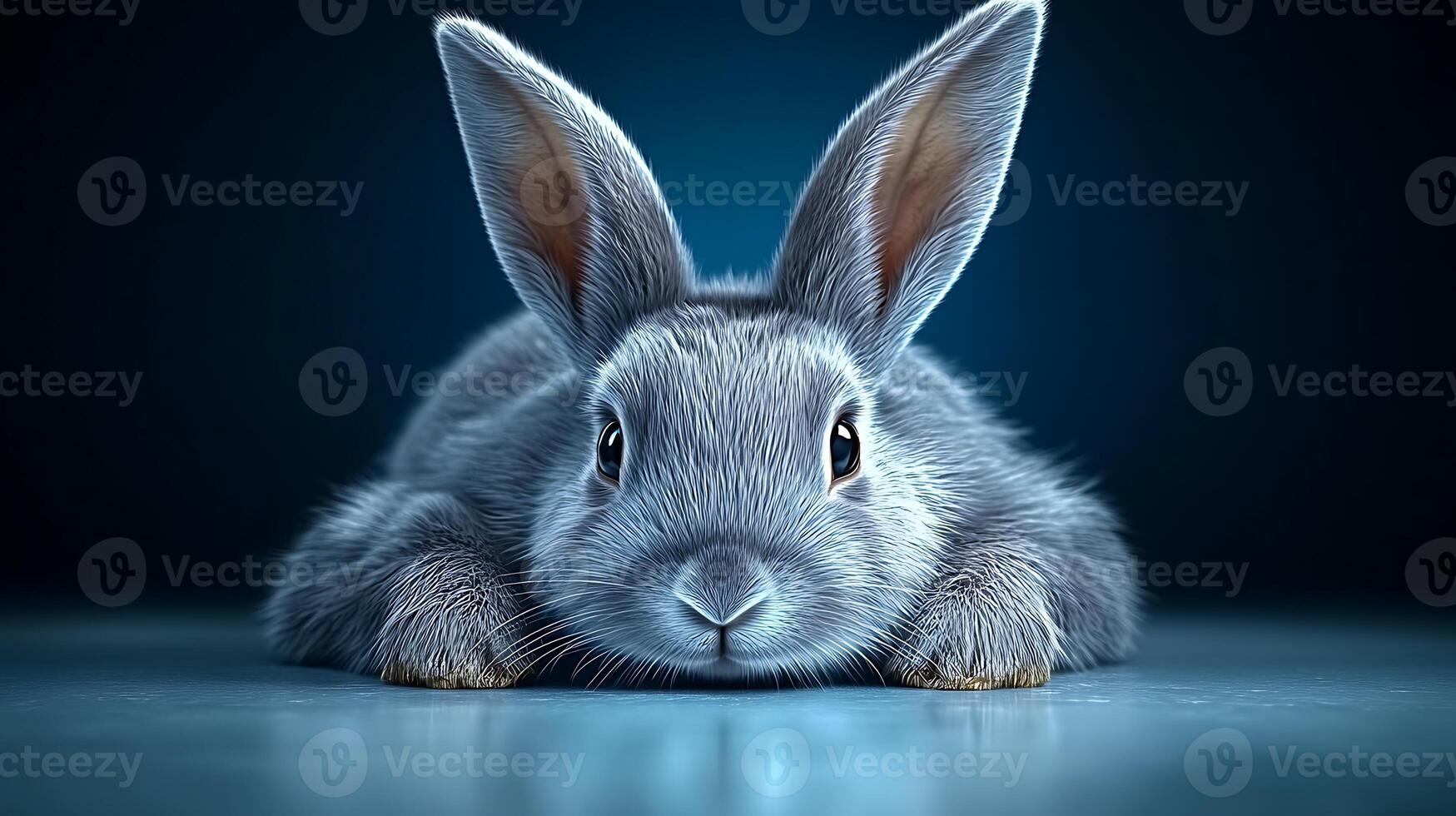 A close-up of a fluffy gray rabbit resting on a smooth surface, with a soft blue background photo