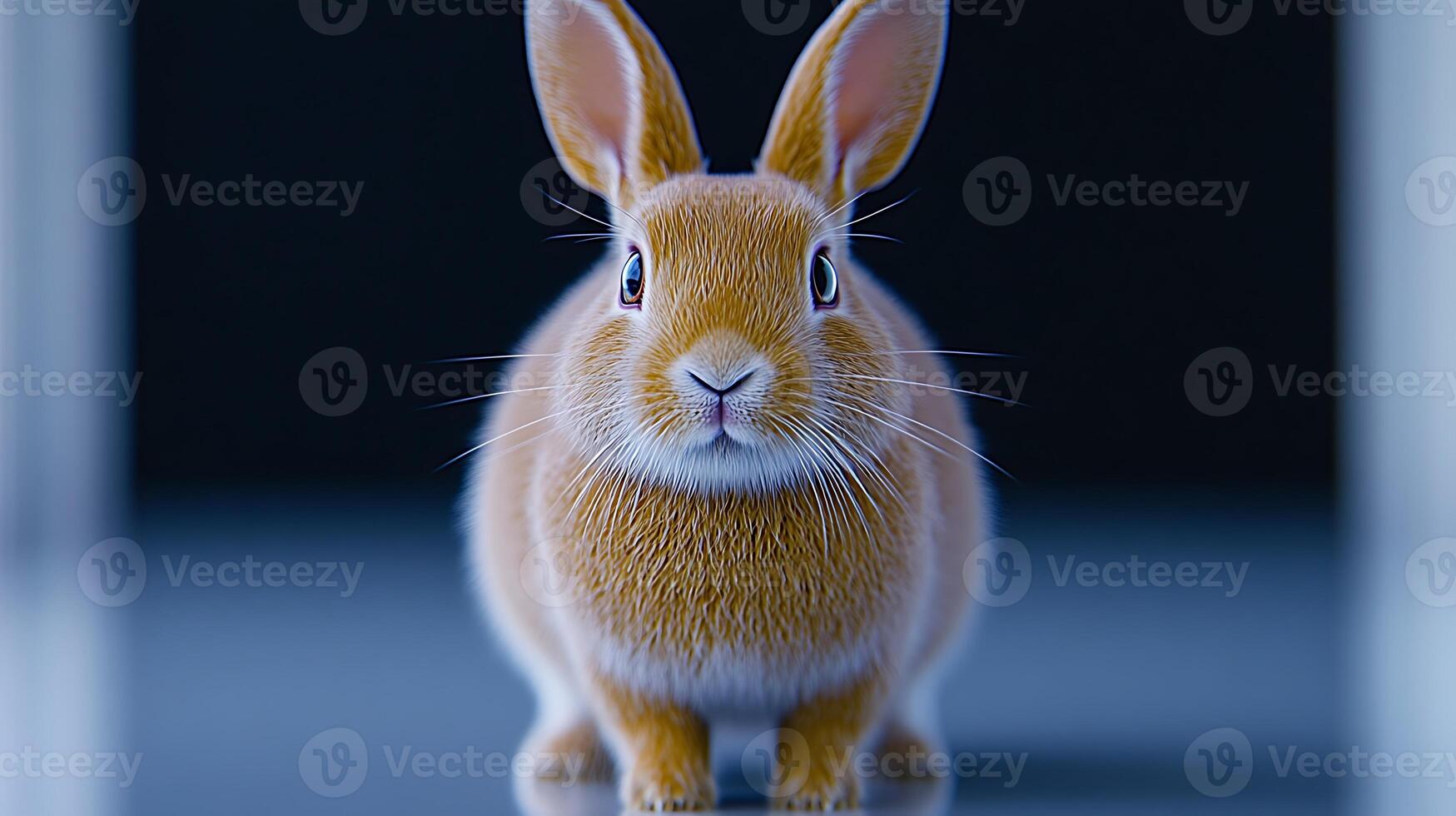 A close-up of a fluffy orange rabbit posing confidently against a dark background photo