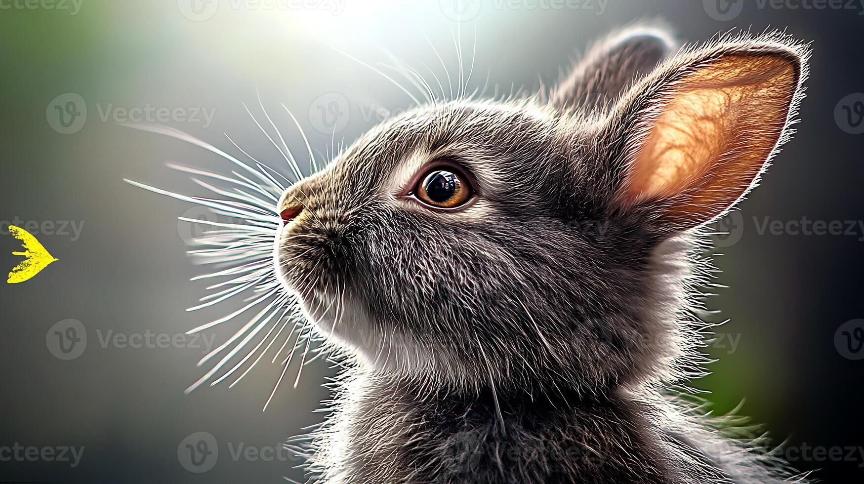 A close-up of a fluffy gray rabbit gazing thoughtfully with soft sunlight illuminating its fur photo