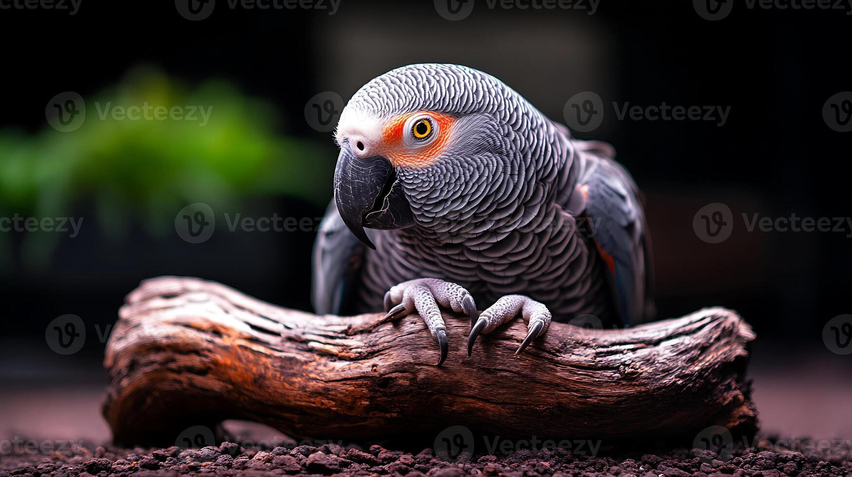 A close-up of a grey parrot perched on a wooden branch, surrounded by a softly blurred green background photo