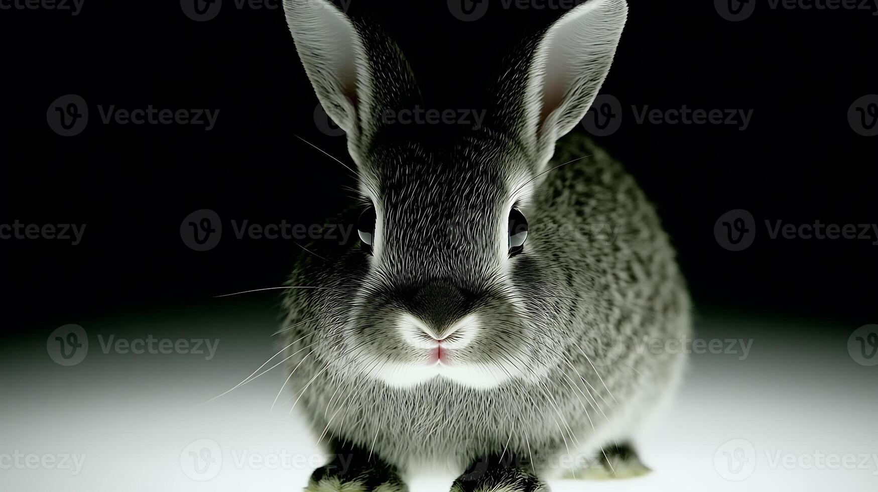 A close-up of a rabbit illuminated from below, showcasing its features against a dark background photo