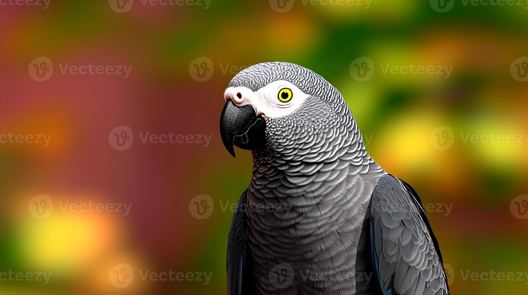 A close-up of a grey parrot perched against a vibrant, blurred natural backdrop, showcasing its colors photo