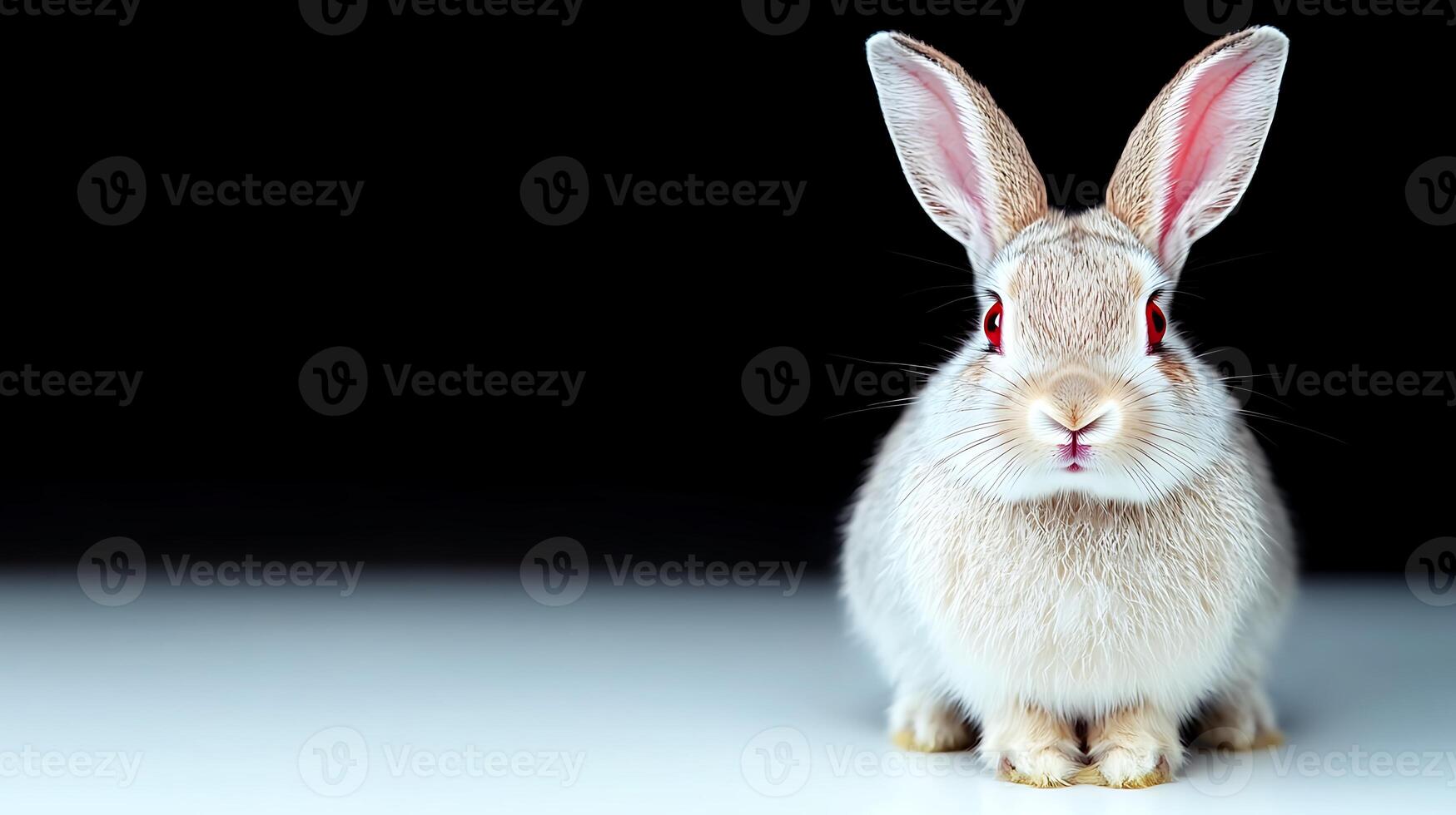 A close-up of a fluffy white rabbit with striking red eyes against a dark background photo