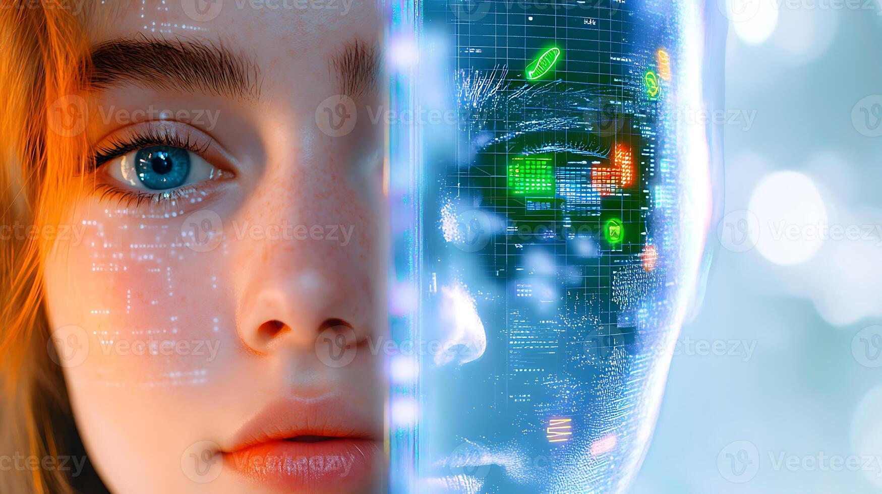 A close-up of a young girls face merging with a digital human-like figure, showcasing technology photo