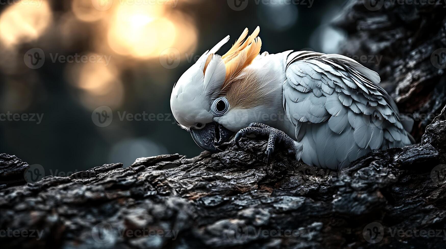 A close-up of a white cockatoo perched on a textured tree branch during sunset, showcasing its vibrant feathers photo