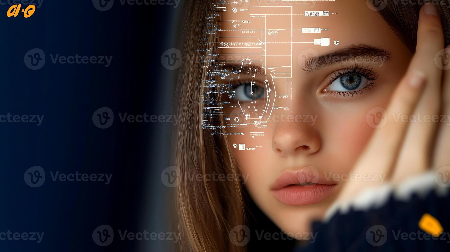 A close-up portrait of a young woman with digital overlays on her face, set against a dark background photo