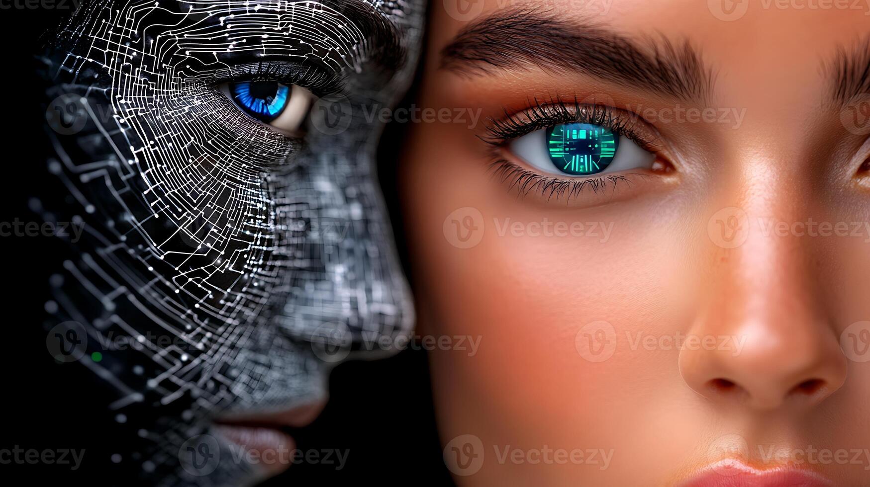 A close-up portrait of a futuristic female face merging with a digital circuit background, showcasing technology photo