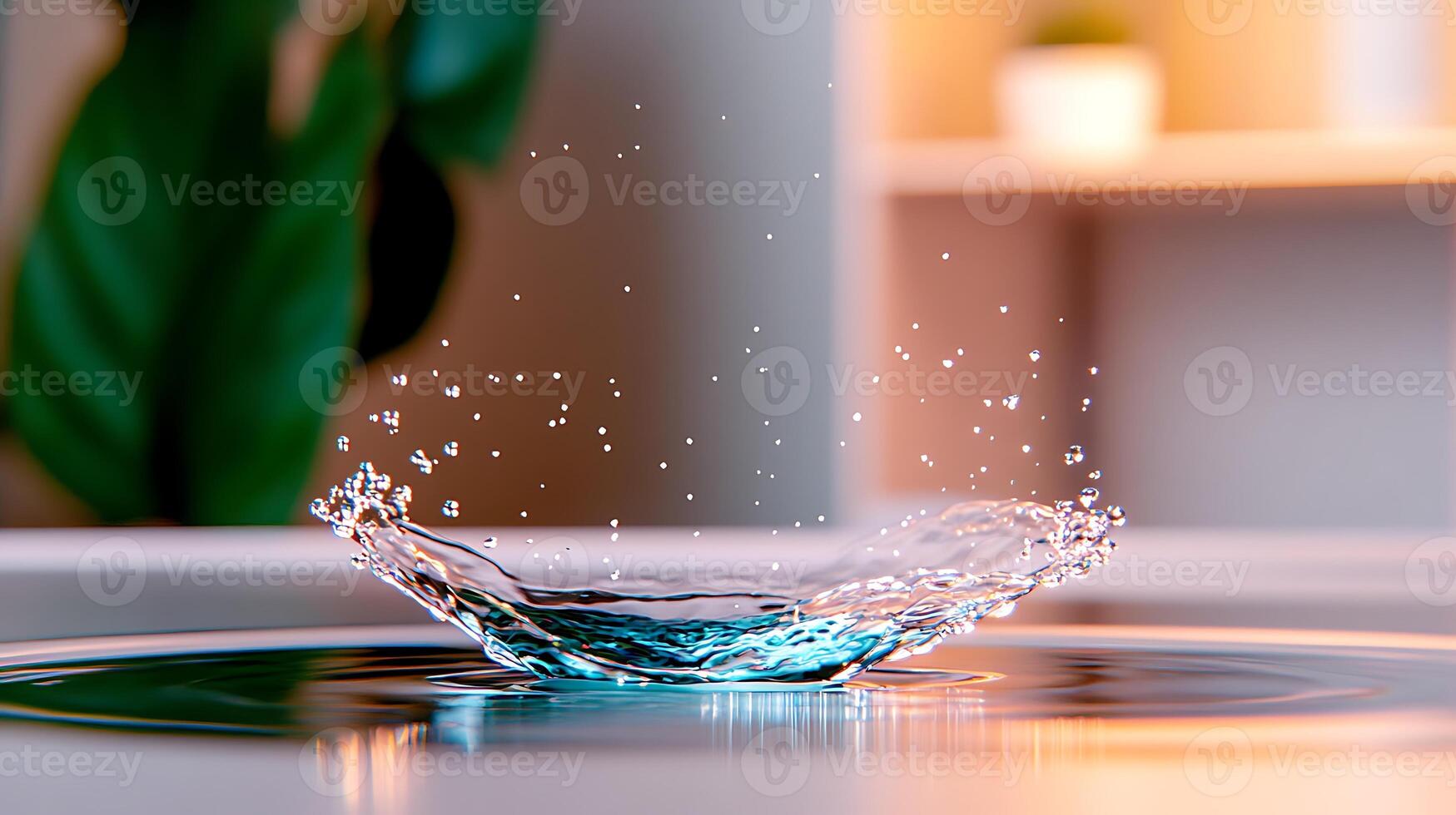A close-up of a water splash creating ripples in a serene indoor setting with soft lighting photo