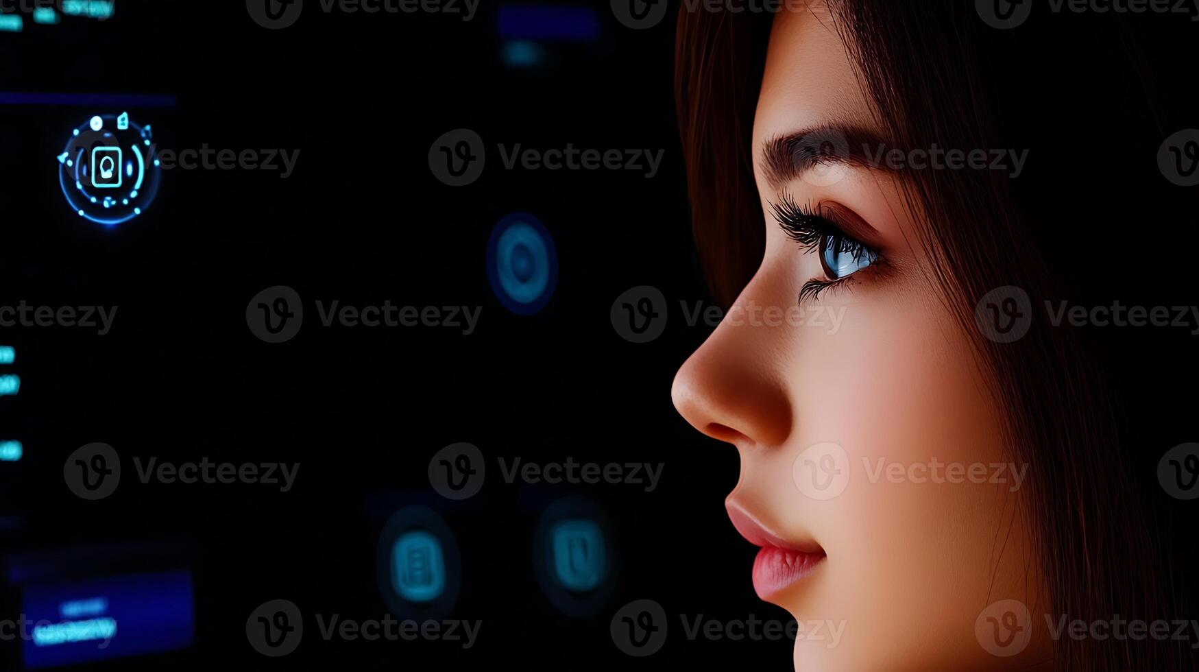 A close-up of a woman interacting with a futuristic digital interface in a dark environment photo