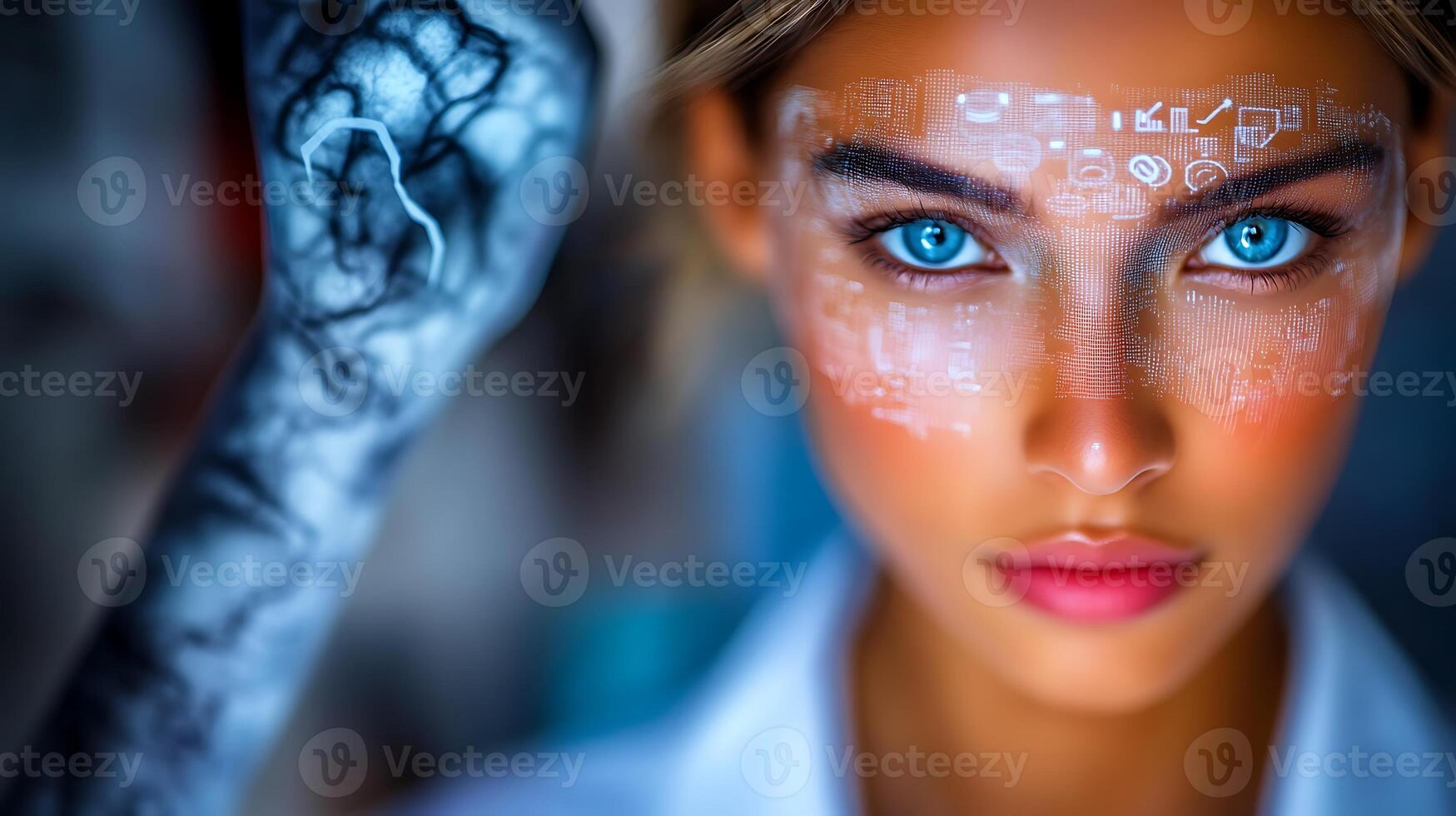 A close-up portrait of a woman with striking blue eyes and digital patterns on her face, showcasing technology photo