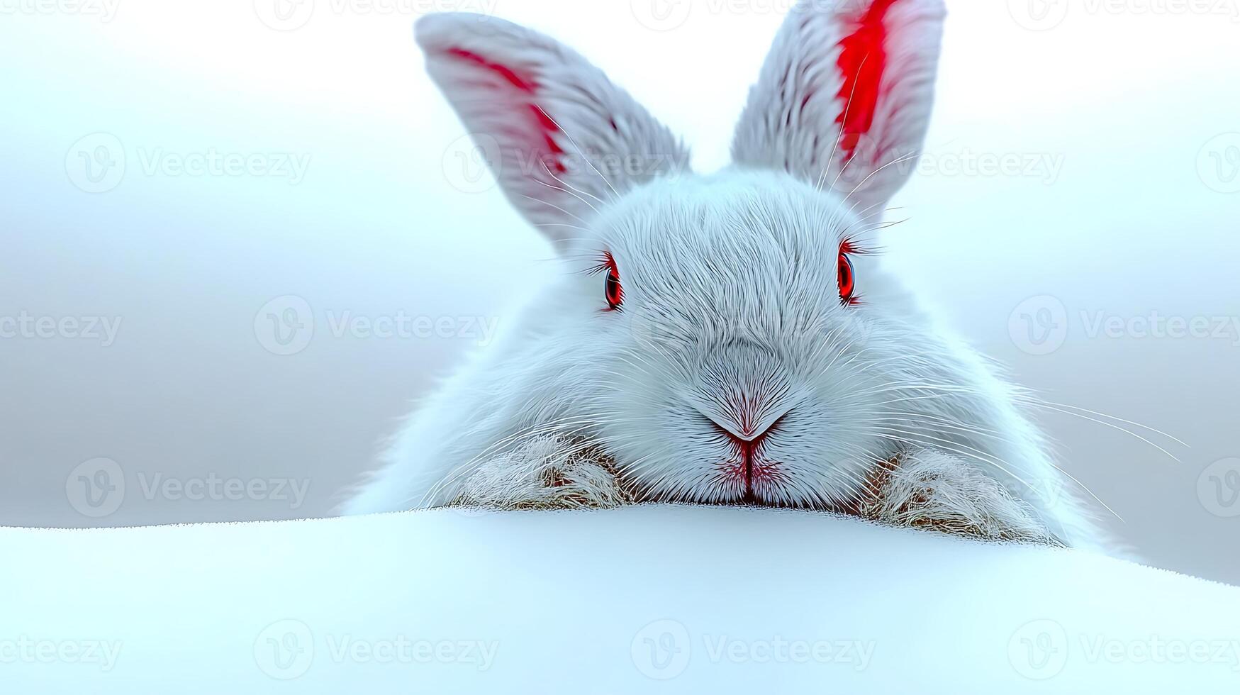 A close-up of a white rabbit with red eyes resting on a snowy surface, serene atmosphere photo