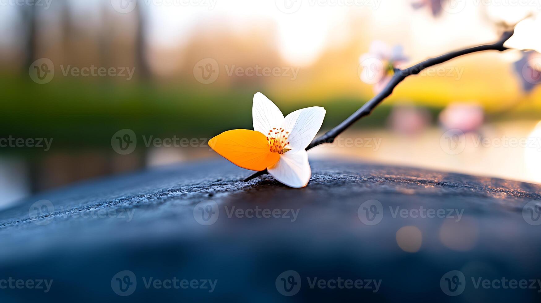 A close-up of a vibrant flower resting on a smooth stone by a serene lake at sunset photo