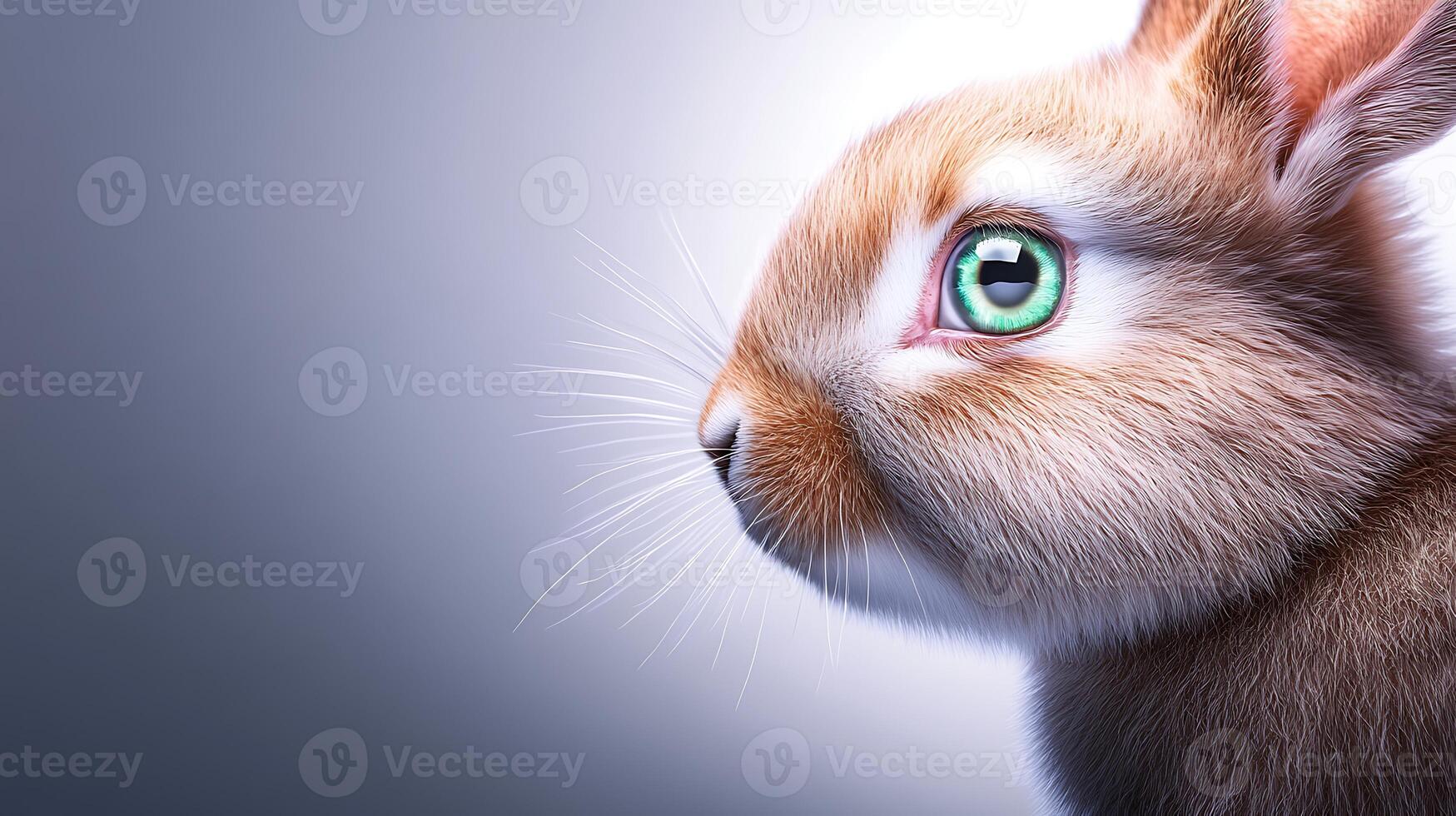 A close-up profile of a cute rabbit with vibrant green eyes against a soft gradient background photo