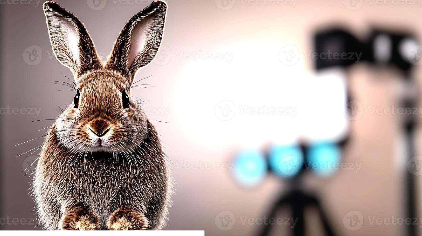 A close-up of a rabbit sitting calmly in a studio with soft lighting and blurred equipment in the background photo