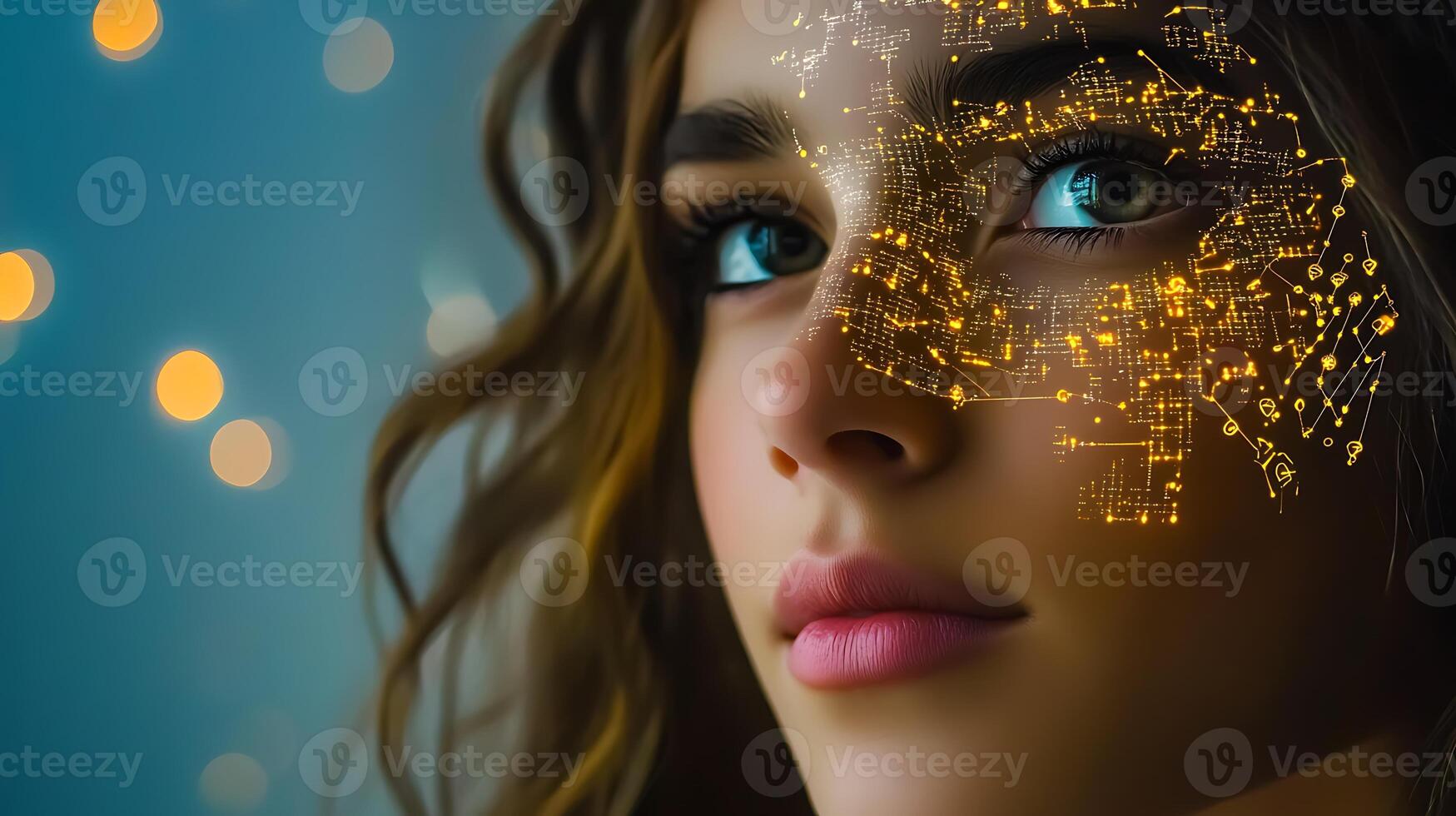 A close-up portrait of a woman with digital circuitry on her face, set against a blurred background of lights photo