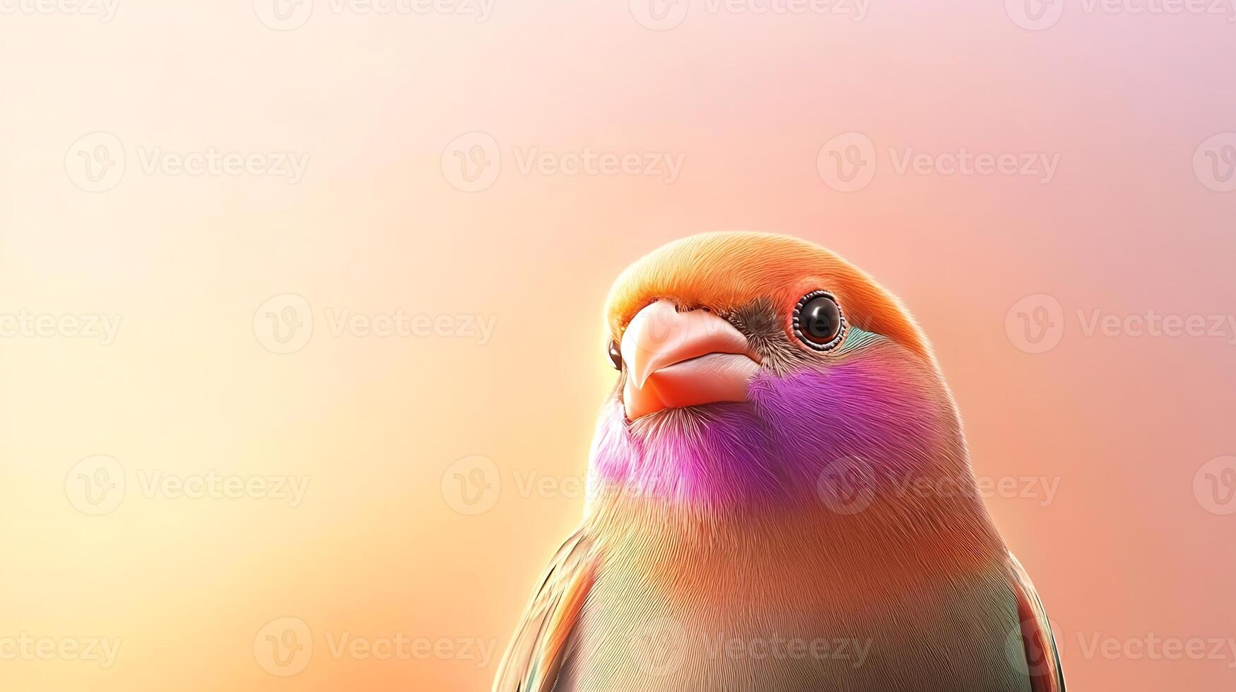 A colorful bird with vibrant plumage perched against a softly blurred pastel background photo