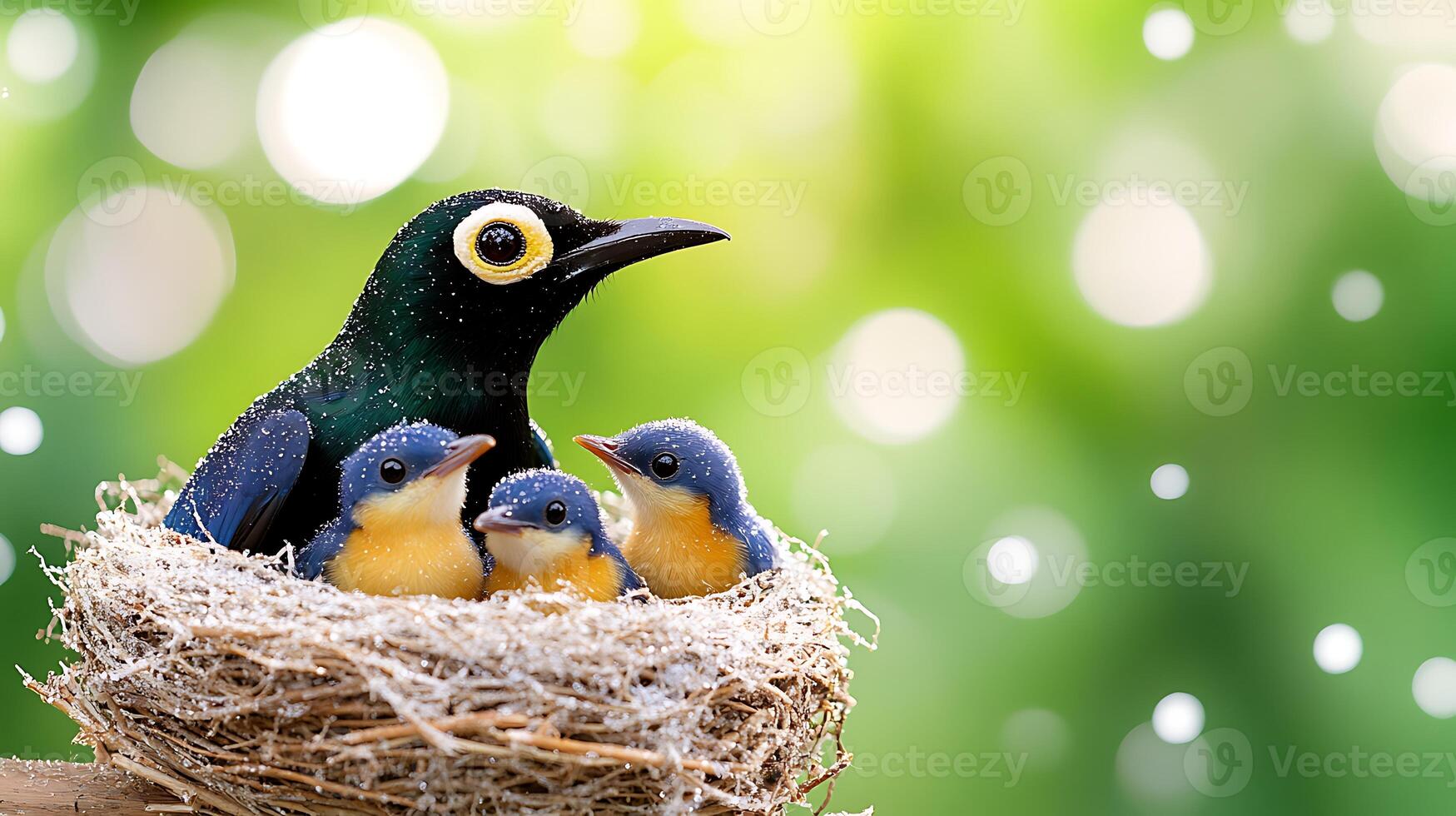 A colorful bird caring for its three chicks in a cozy nest surrounded by a vibrant, blurred background photo