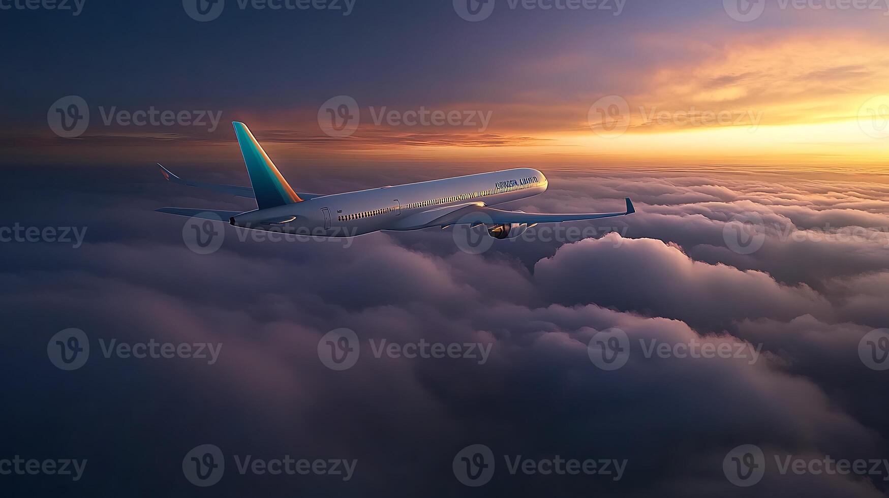A commercial airplane soaring above fluffy clouds at sunset, showcasing vibrant colors and serene skies photo