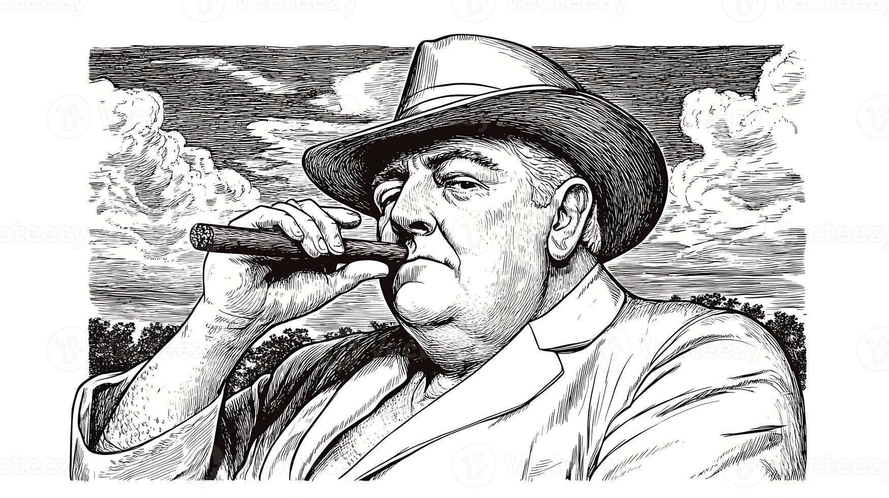 A confident man in a hat smoking a cigar against a scenic background with clouds photo