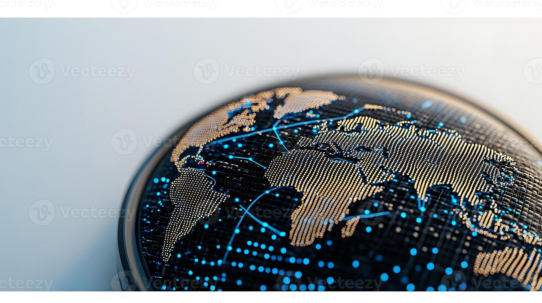 A close-up view of a digital globe showcasing global connectivity with glowing lines and data points photo