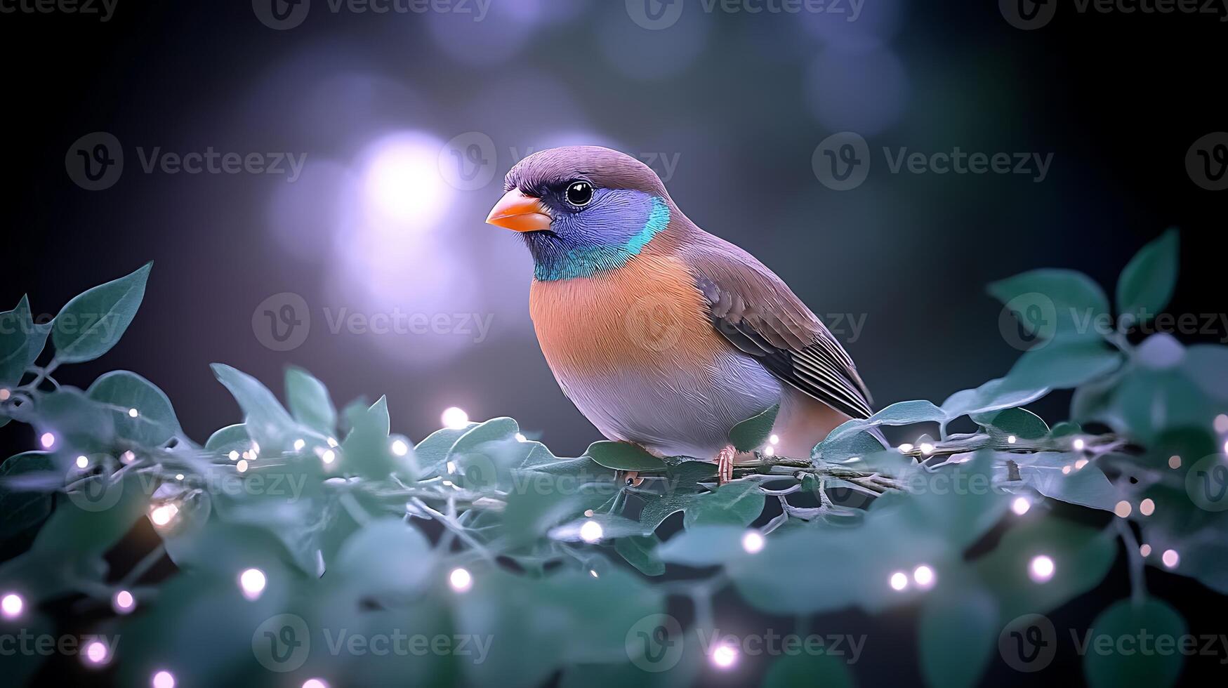 A colorful bird perched on a branch adorned with glowing lights in a serene, blurred background photo