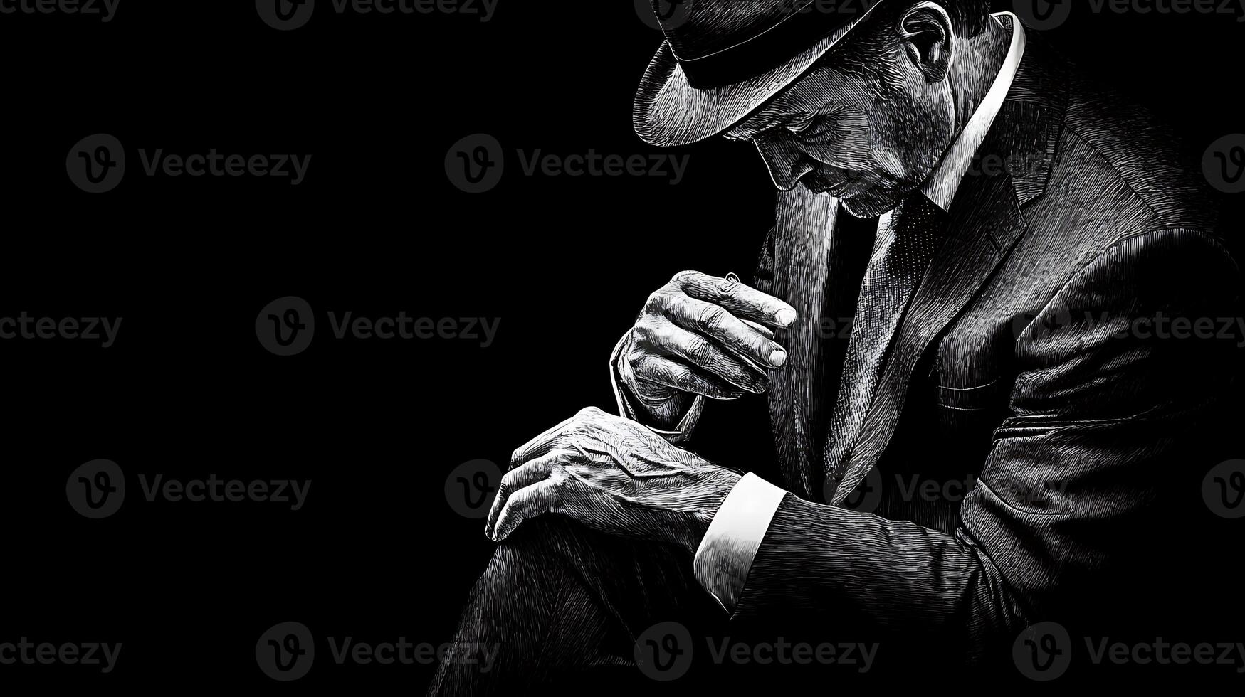 A contemplative man in a suit and hat sits in shadows, reflecting on life amidst a dark backdrop photo