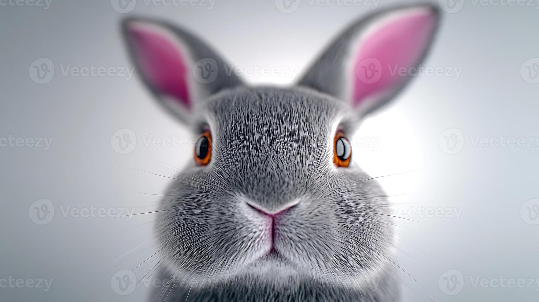 A close-up view of a fluffy gray rabbit with bright eyes against a soft gradient background photo