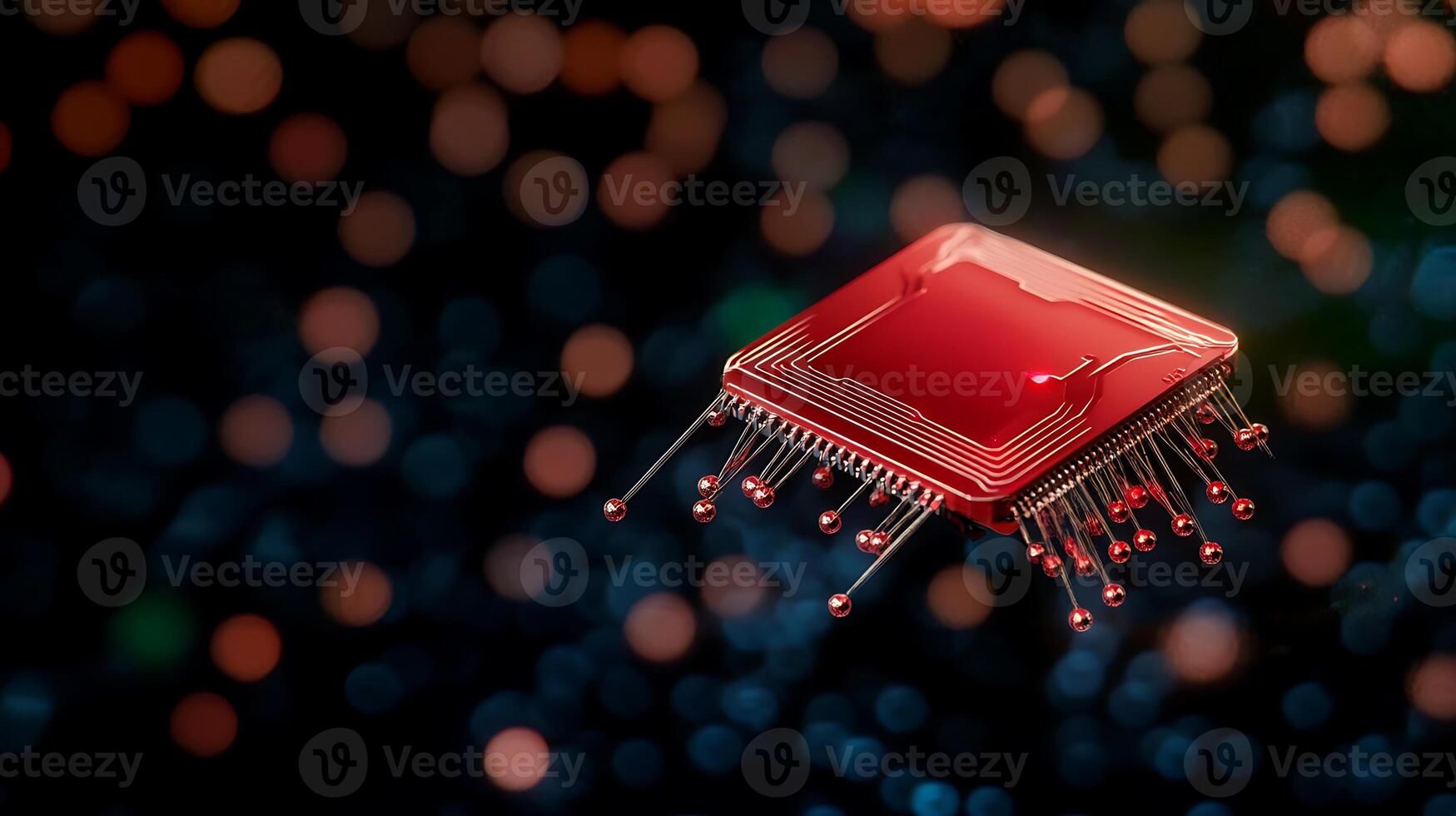 A close-up view of a glowing red microchip floating above a vibrant, blurred digital background photo