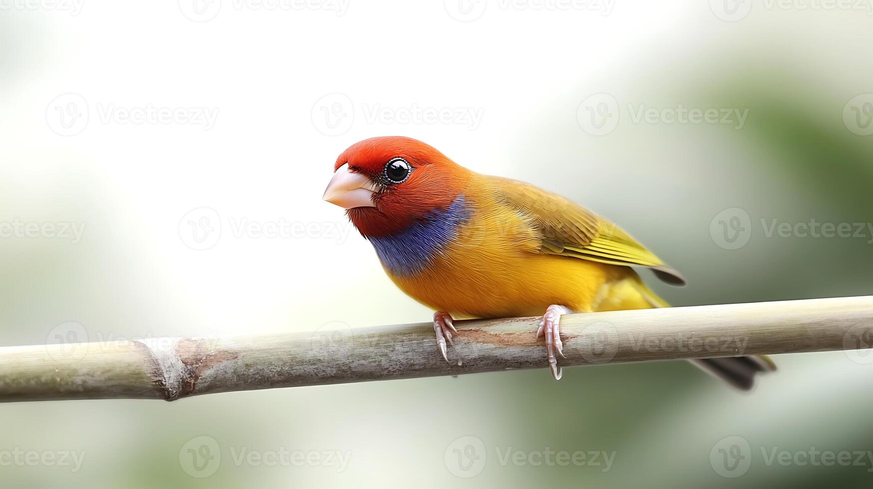 A colorful bird perched on a bamboo branch, surrounded by a blurred green background photo