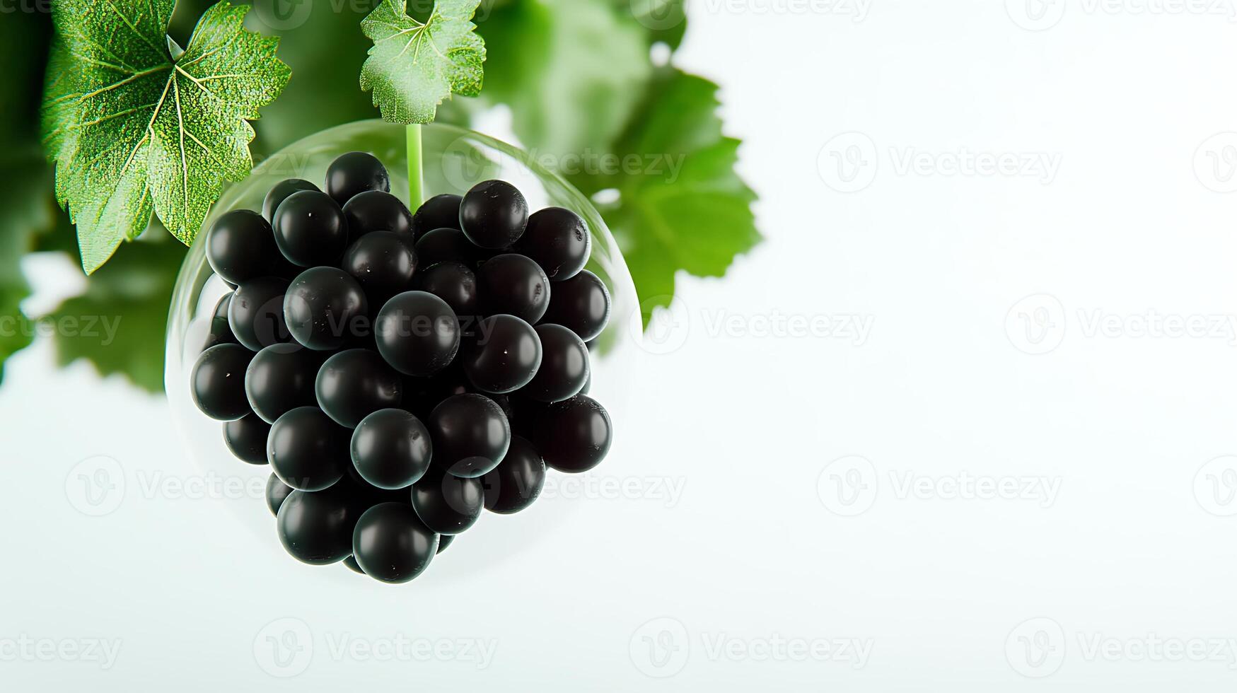 A close-up view of black grapes suspended in a glass orb, surrounded by lush green leaves, showcasing freshness photo