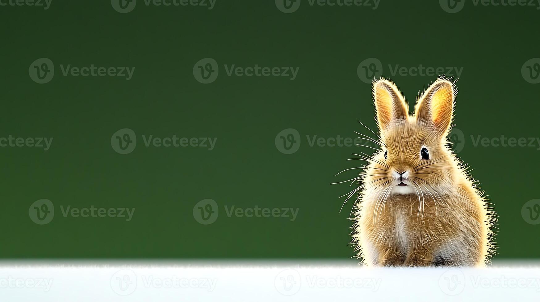 A cute rabbit sitting on a white surface with a blurred green background, evoking a serene atmosphere photo