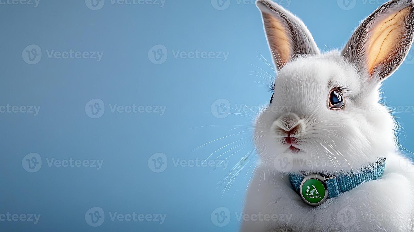 A cute white rabbit with a blue collar against a soft blue background, exuding charm and innocence photo