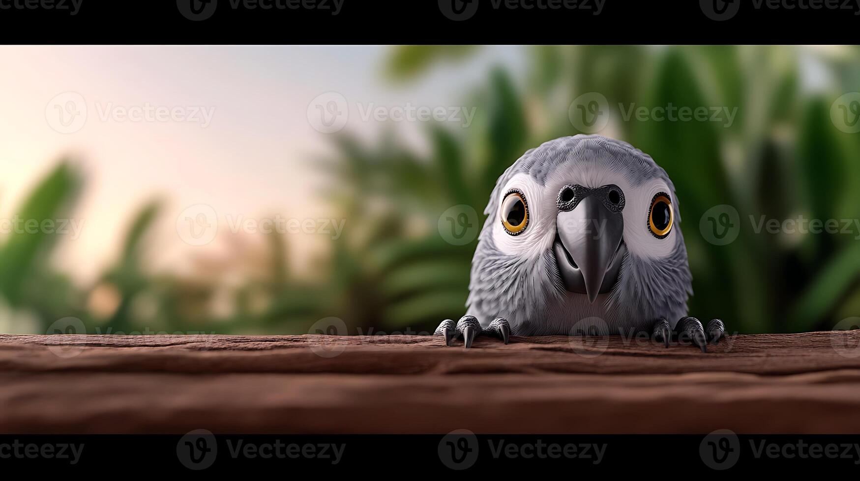 A cute, curious cartoon bird peering over a wooden surface with lush greenery in the background photo