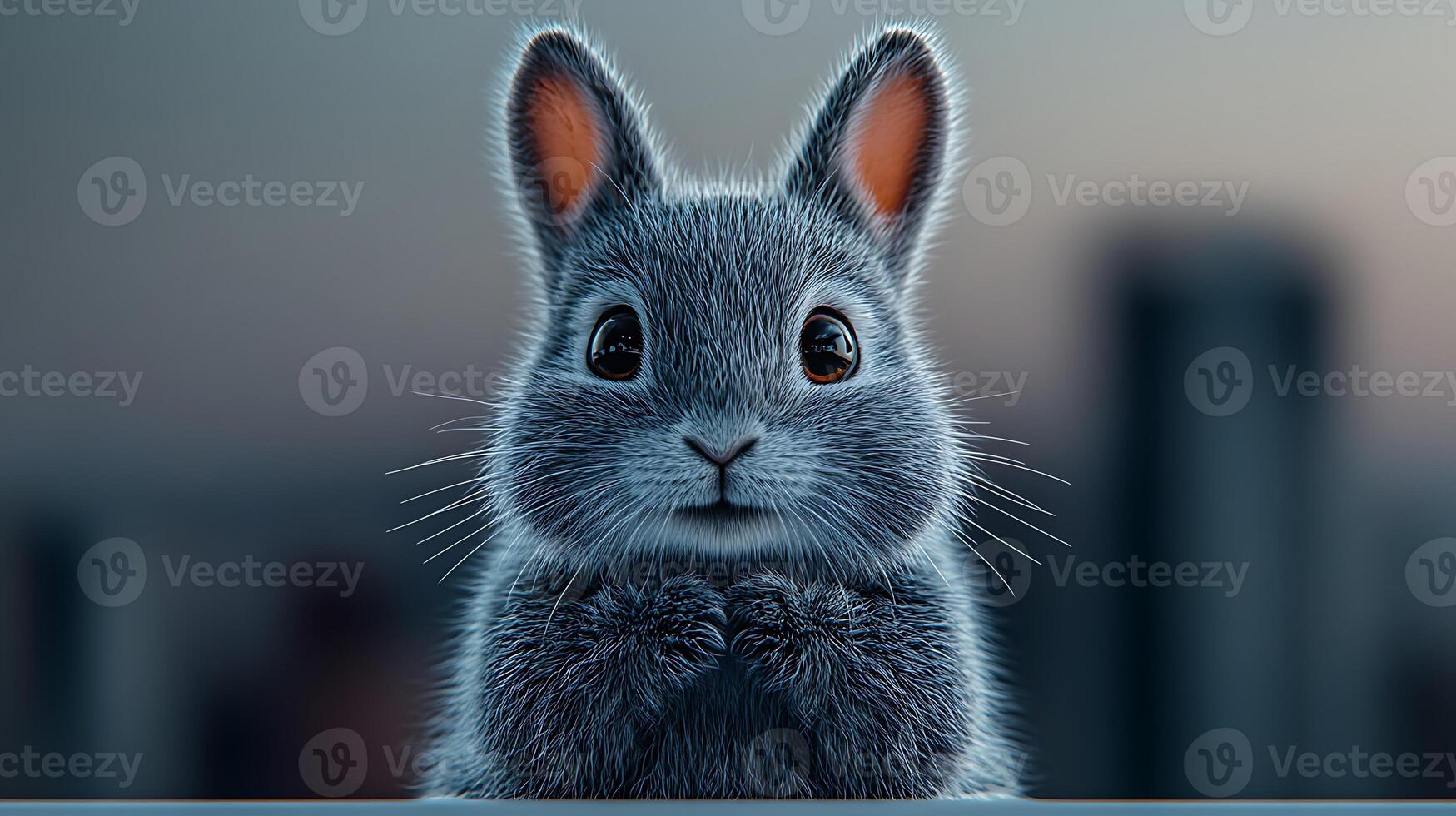 A cute gray rabbit with large eyes and fluffy fur, sitting on a ledge against a city skyline backdrop photo