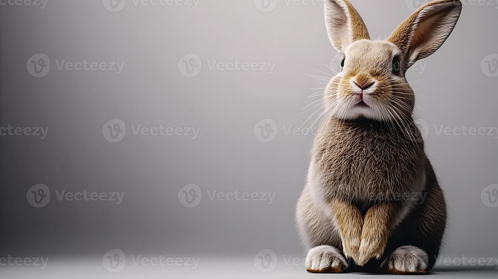 A cute rabbit sitting calmly against a soft gray background, showcasing its fluffy fur and attentive expression photo