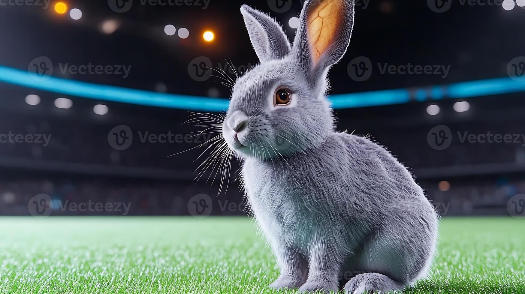 A cute gray rabbit sitting on a vibrant green field in a lively stadium during a sports event photo