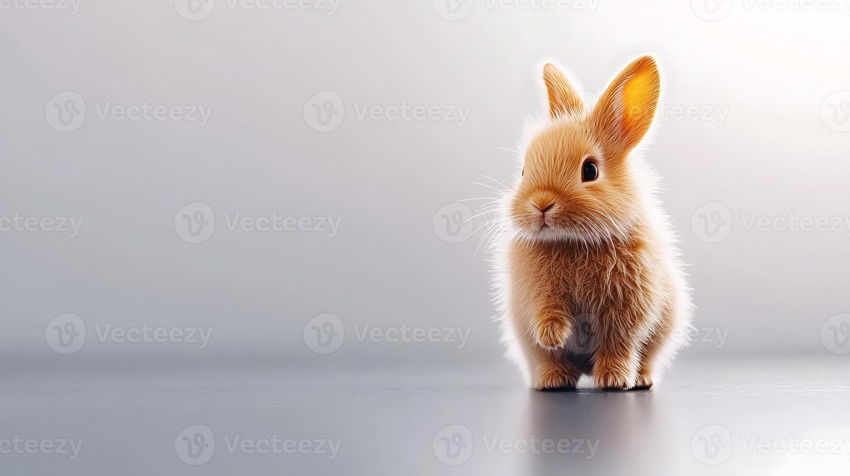 A cute, fluffy rabbit stands on a smooth surface with a soft gradient background, creating a serene atmosphere photo