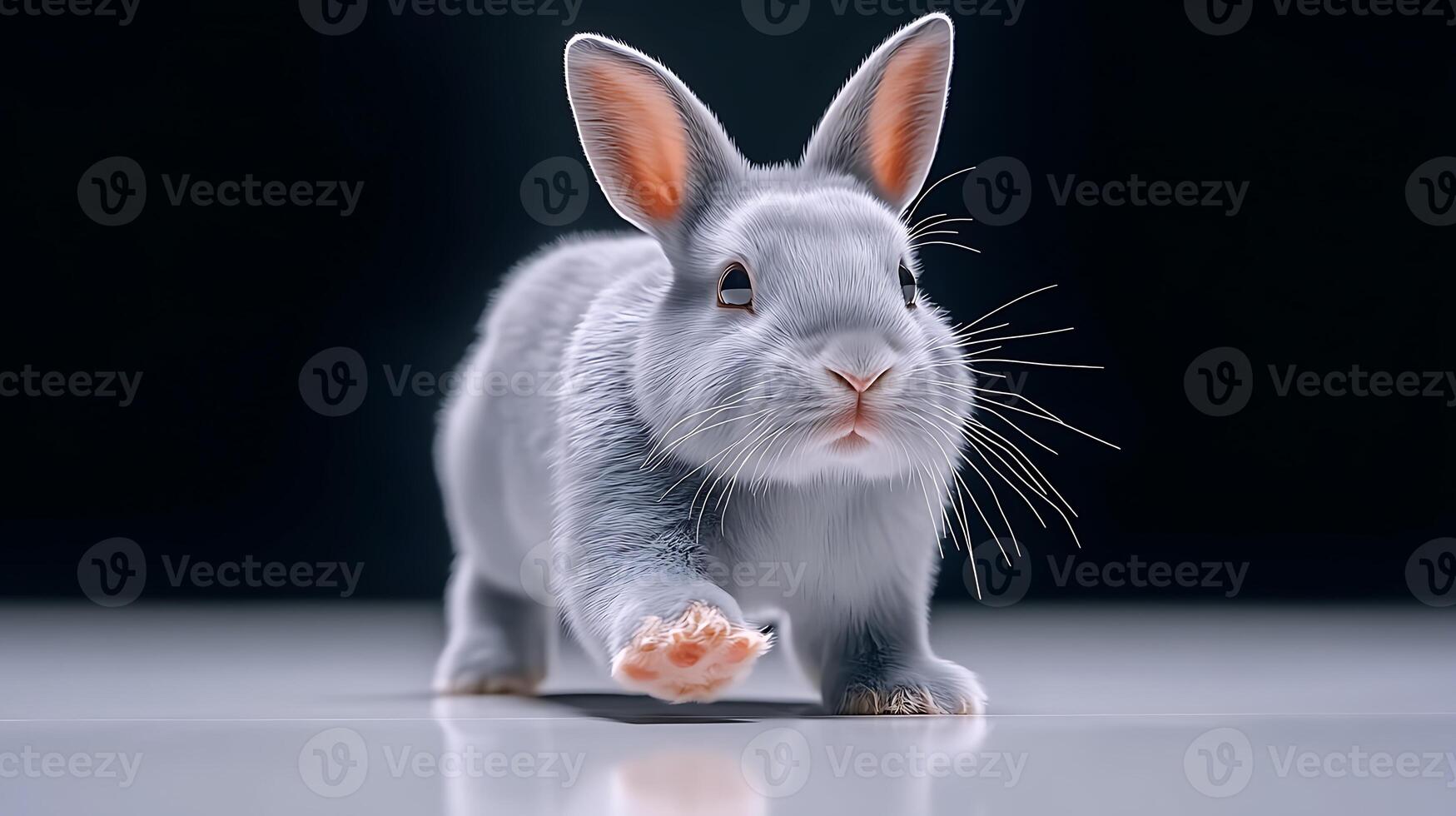 A curious white rabbit exploring a minimalist studio space with soft lighting and shadows photo